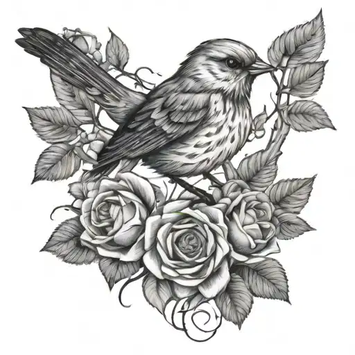 Little curruira bird with roses and branches, containing fine and light lines tattoo design idea
