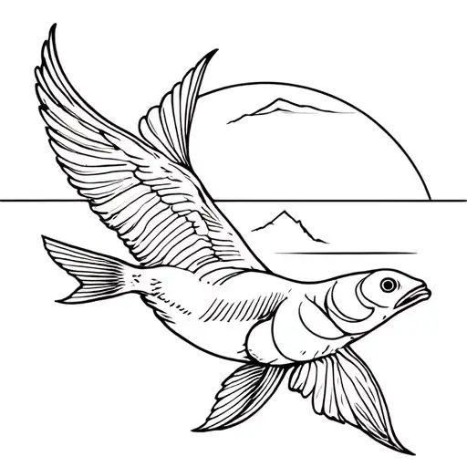 Fish big bird flying river mountain range tattoo design idea
