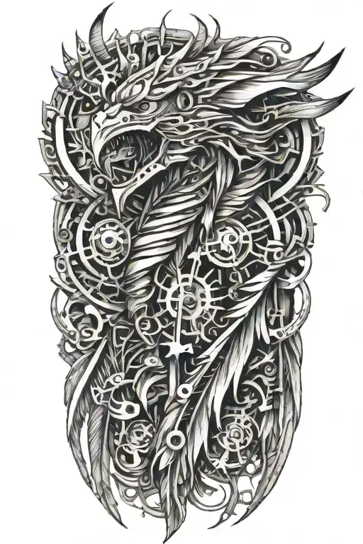 detailed biomechanical feather tattoo design idea