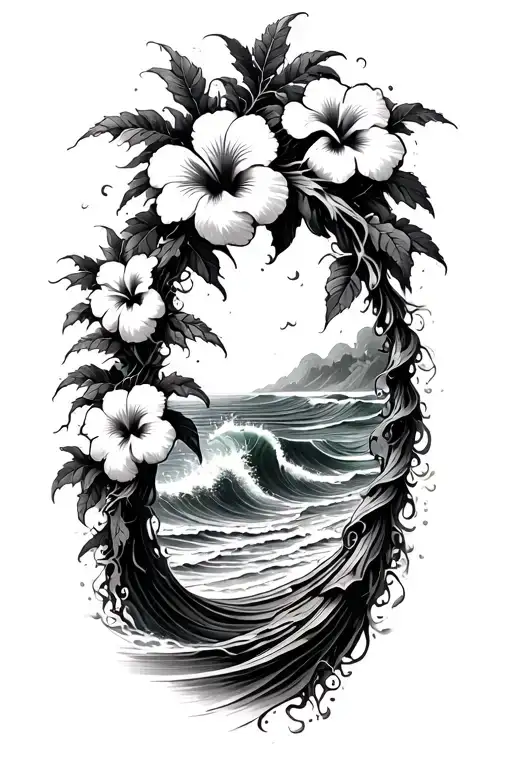Hibiscus vine wrapping around waves crashing on a beach tattoo design idea