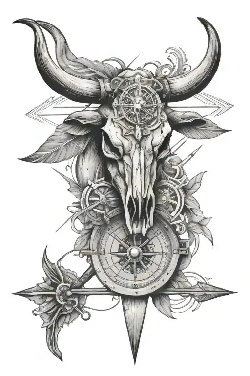 a bull skull in an arrow compass tattoo design idea