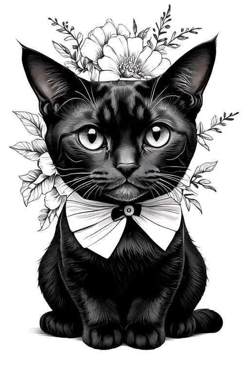 tuxedo cat sitting with floral patterns tattoo design idea