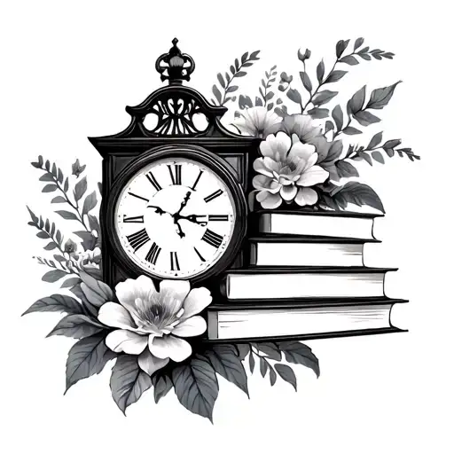 grandfather clock with library books surrounded by florals tattoo design idea
