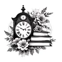 grandfather clock with library books surrounded by florals tattoo design idea