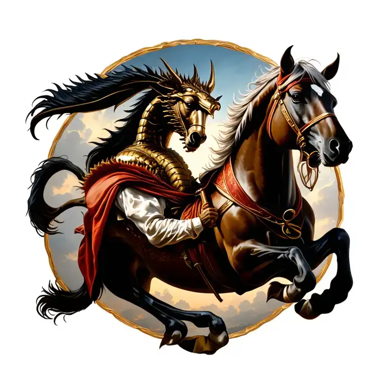 St George and the dragon with horse wearing an en la espalda tattoo design idea