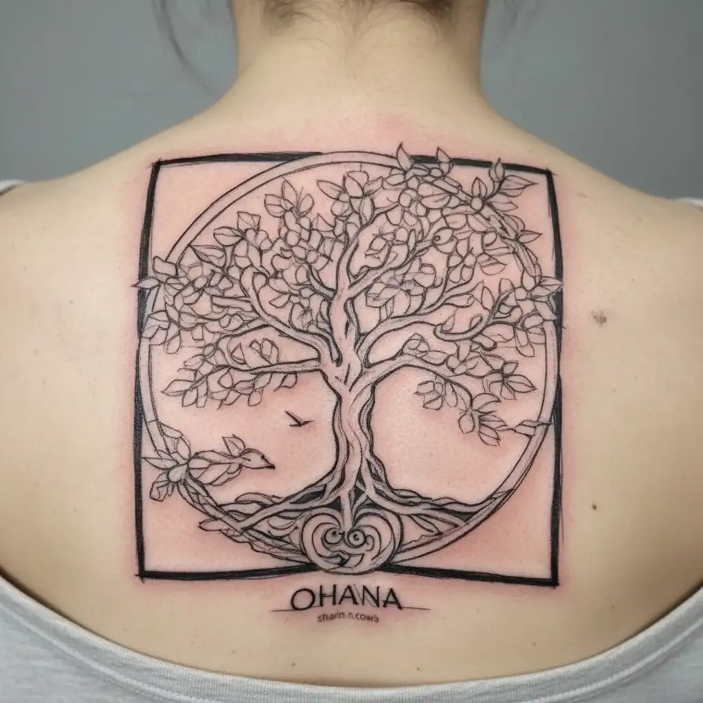 a minimalist tree of life whose roots form the word: ohana tattoo design idea