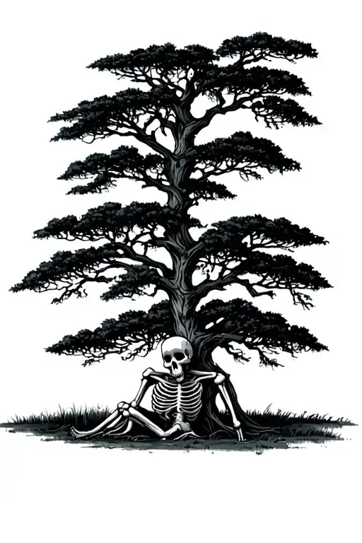 bare lone tree with a skeleton sitting beside it tattoo design idea