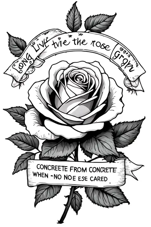 rose with the words "long live the rose that grew from concrete when no one else even cared" around it tattoo design idea