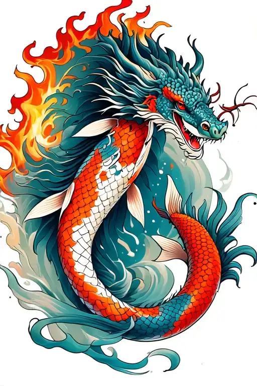 koi and dragon breathing fire tattoo design idea