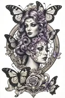 semicolon, medusa, broken mirror, purple ribbon, butterflys tattoo design idea