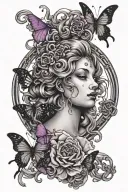 semicolon, medusa, broken mirror, purple ribbon, butterflys tattoo design idea