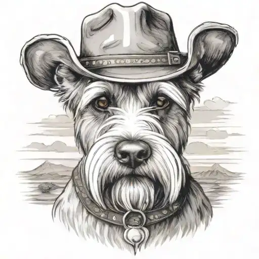 salt and pepper schnauzer with cowboy hat and brown eyes and a collar looking with western background tattoo design idea