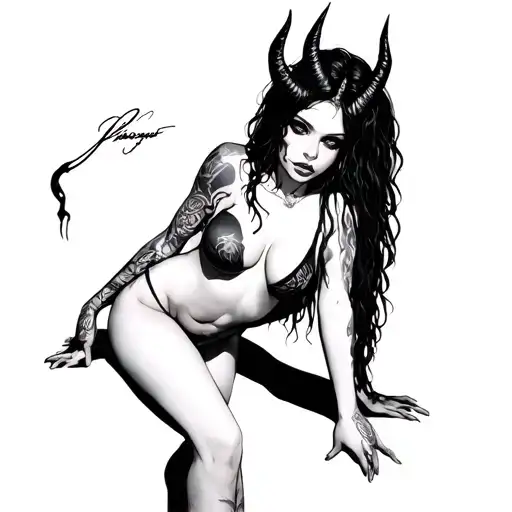 Sexy Pale Girl, Petite, Big Boobs, Wide Hips, G-string. Messy Hair, Demonic Horns, Sexual tattoo design idea