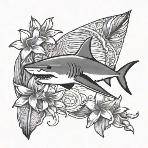 Shark with Frangipani Flower line tattoo tattoo design idea