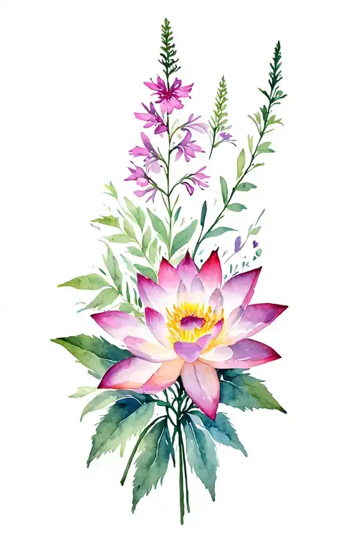 fireweed and lotus flower bouquet tattoo design idea