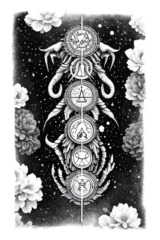 I’d like a custom spine tattoo featuring four zodiac glyphs— Taurus, Aries, Cancer, and Libra — arranged vertically down tattoo design idea
