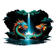 Pokémon Garados in the style of a Japanese dragon with a waterfall that has Pokémon magikarp swimming up it tattoo design idea