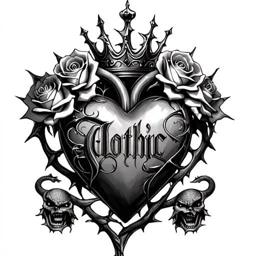 Gothic-style heart entangled with thorns, topped with a crown, four roses, and two angry snakes with Gothic-style letter tattoo design idea