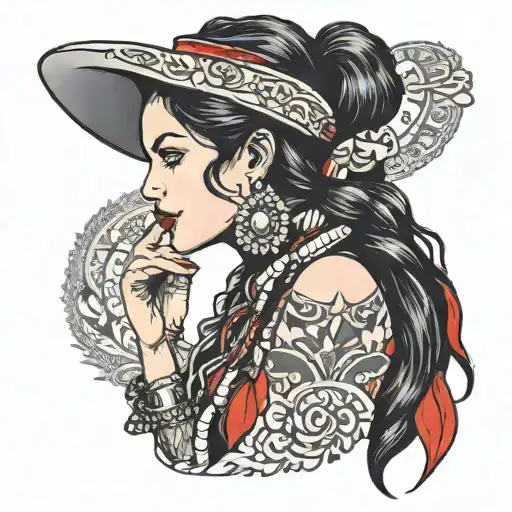 gypsy women in profile with long black hair. Scarf and lips are red, everything else black and white tattoo design idea