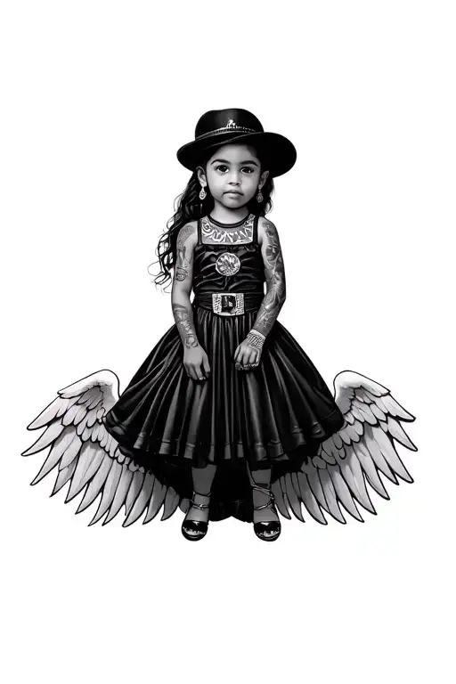 Chicano style story with 6 year daughter as gangster with details such as angel wings, Rolex symbols, luxury  tattoo design idea