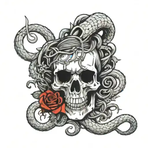 graveyard themed snaked wrapped all around your arm open its mouth and women head with no eyes is out with red rosed tattoo design idea