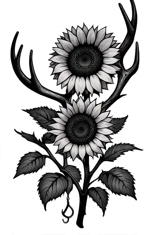 sunflower, deer antlers, fishing line with hook intertwined tattoo design idea