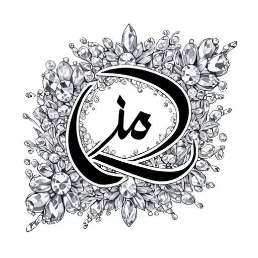 black and white letter in Farsi, گ surrounded by jewels tattoo design idea