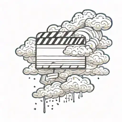 mystical and detailed image of big clouds in the sky with a distant clapperboard that says  "big clouds take two"  tattoo design idea