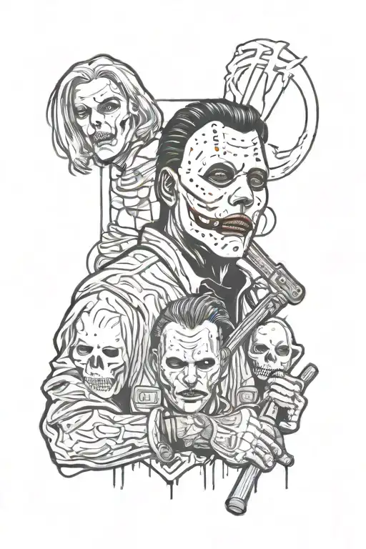 a sleeve tattoo with jason vorhees, michael myers and ghostface tattoo design idea