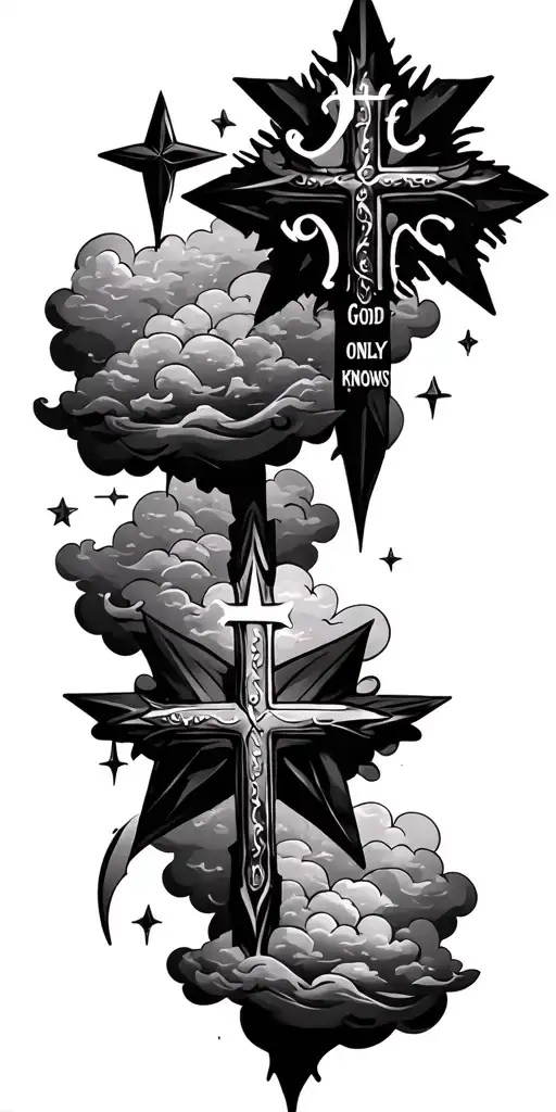 Stars, clouds, Blessed, God only knows, crosses tattoo design idea