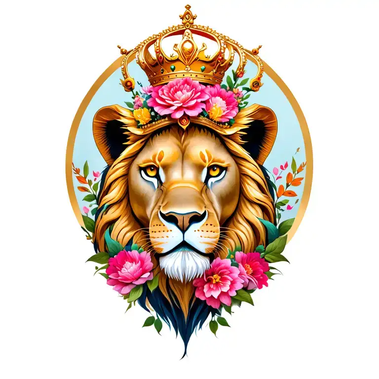 lion of judha with crown and flowers tattoo design idea
