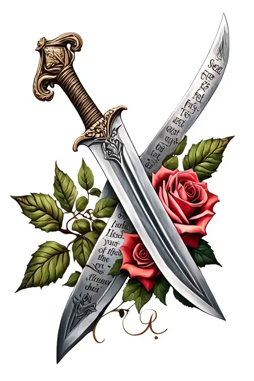 "Seek ye first the kingdom of G" sword bible verse rose intertwined tattoo design idea