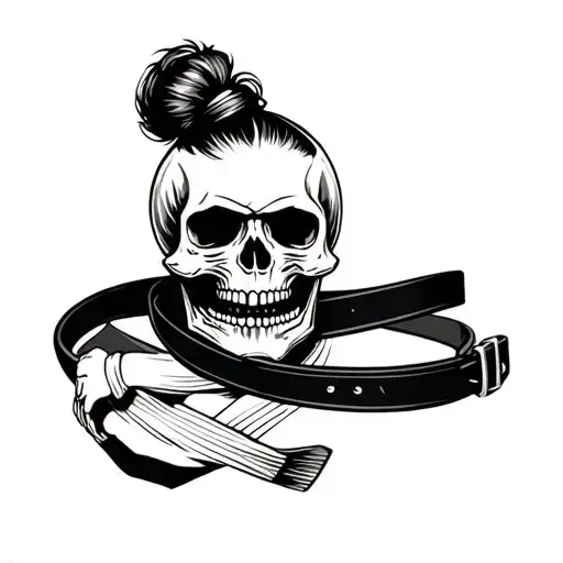 skull with top knot and moustach with a brazilian Jiu Jitsu balck belt wrapped round it  tattoo design idea