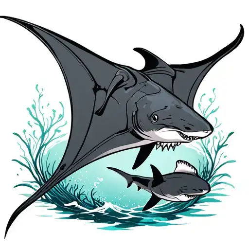 Manta Ray ans dolfin ans shark surrounded tattoo design idea