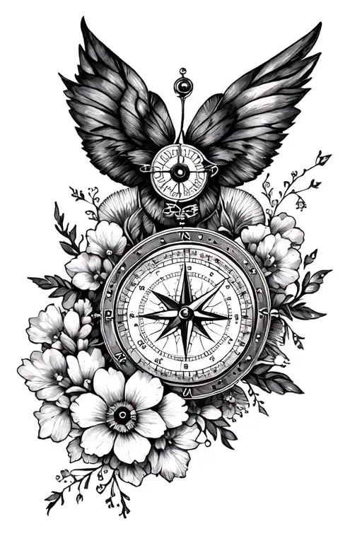compass and timepiece, flowers, mechanism intertwined tattoo design idea