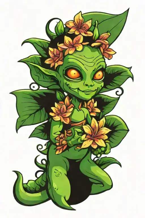 2d animated one cute green alien smiling wearing gardenia and frangipani flower headband tattoo design idea