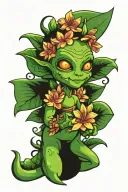 2d animated one cute green alien smiling wearing gardenia and frangipani flower headband tattoo design idea