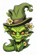 2d animated one cute green alien smiling wearing gardenia and frangipani flower headband tattoo design idea