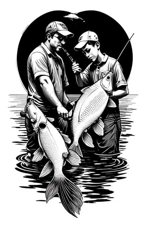 Father and son fishing together, carp fish tattoo design idea