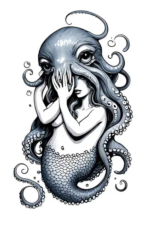 octopus crying holding mermaid tattoo design idea