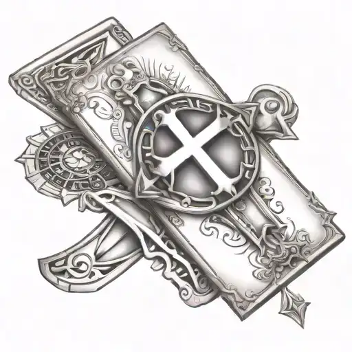 western sleeve with cross and cards tattoo design idea