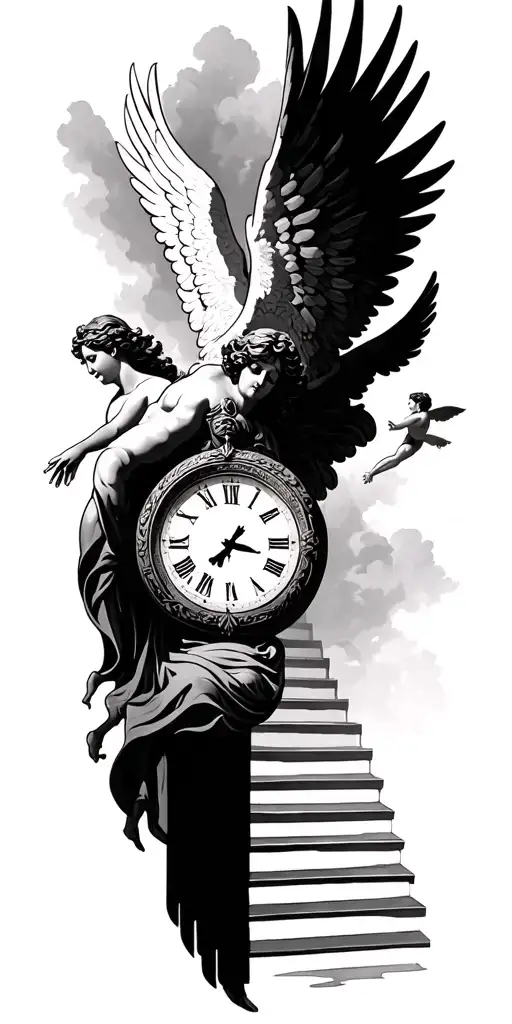 stairway leading to heaven time clock face angels flying tattoo design idea