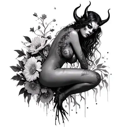 female demon sexy pose with dead flower bouquet tattoo design idea