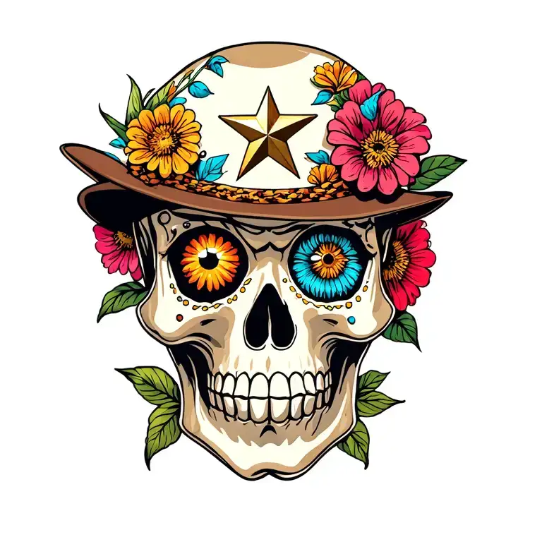 sugar skull with sheriff's star in one eye, surrounded by beautiful flowers tattoo design idea