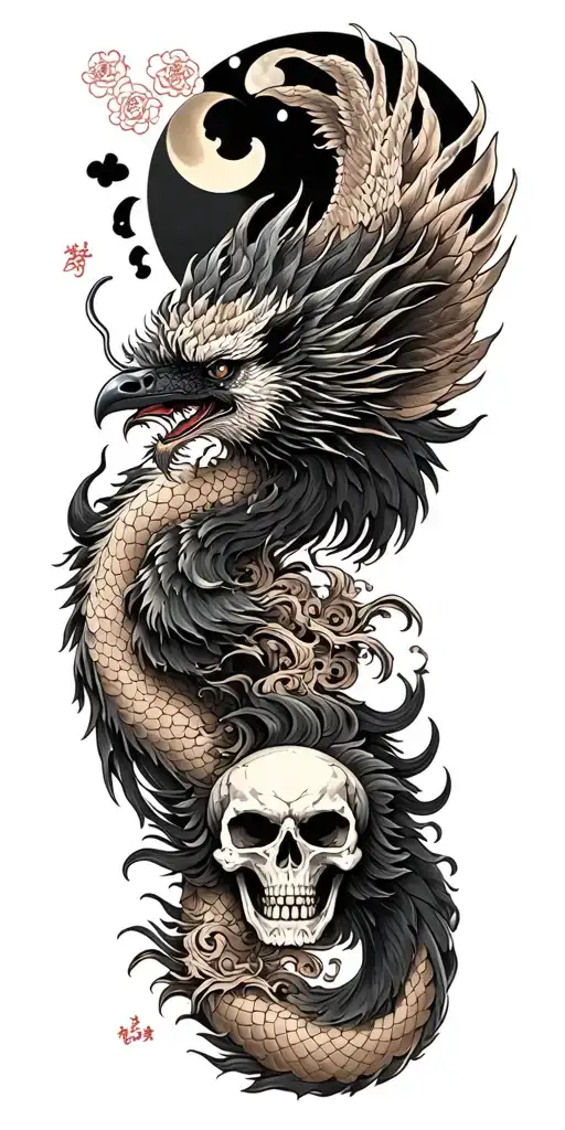 Chinese dragon and phoenix and skull and moon and raven tattoo design idea