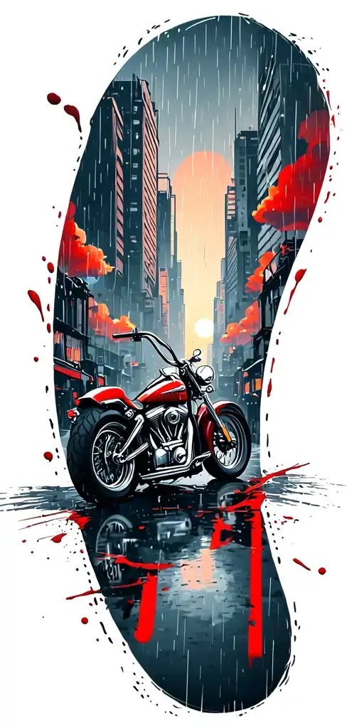 Rainy Cityscape with a harley motorcycle, sunset, clouds tattoo design idea