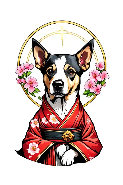 color tattoo of a dog in red robe with a holy halo aound its head in style of japanese yakuza, with sakura flowers tattoo design idea