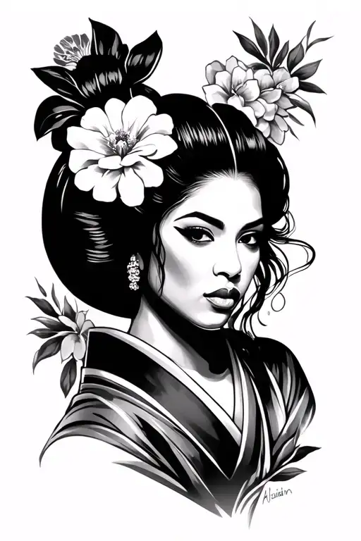 Aaliyah Dana Haughton (90's R&B singer) as a Geisha (head to shoulders)  realistism tattoo design idea