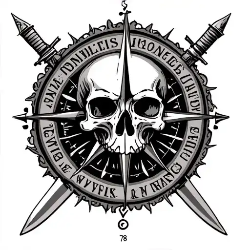compass, skull and knives arranged with the word Itumeleng 78 surrounding the the whole tatoo  tattoo design idea