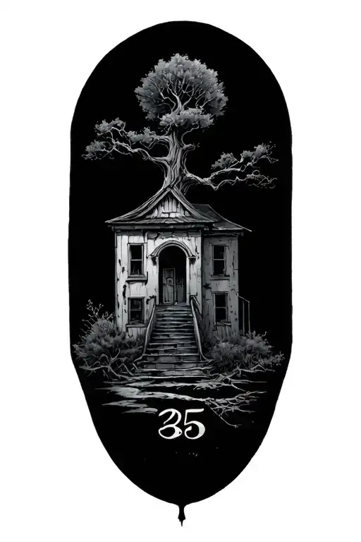 Japense Haunted/Abandoned with the number 35 and a poison tree tattoo design idea